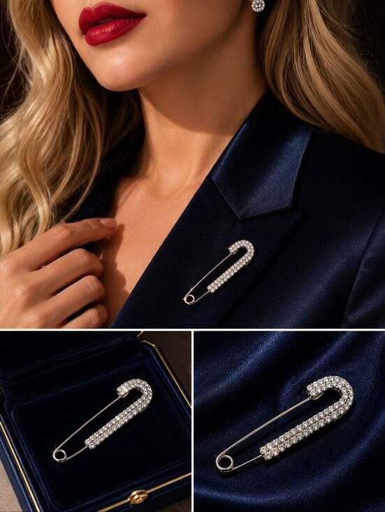 Anthropologie Jewelry - Silver Crystal Safety-Pin Brooch with Clear Stones